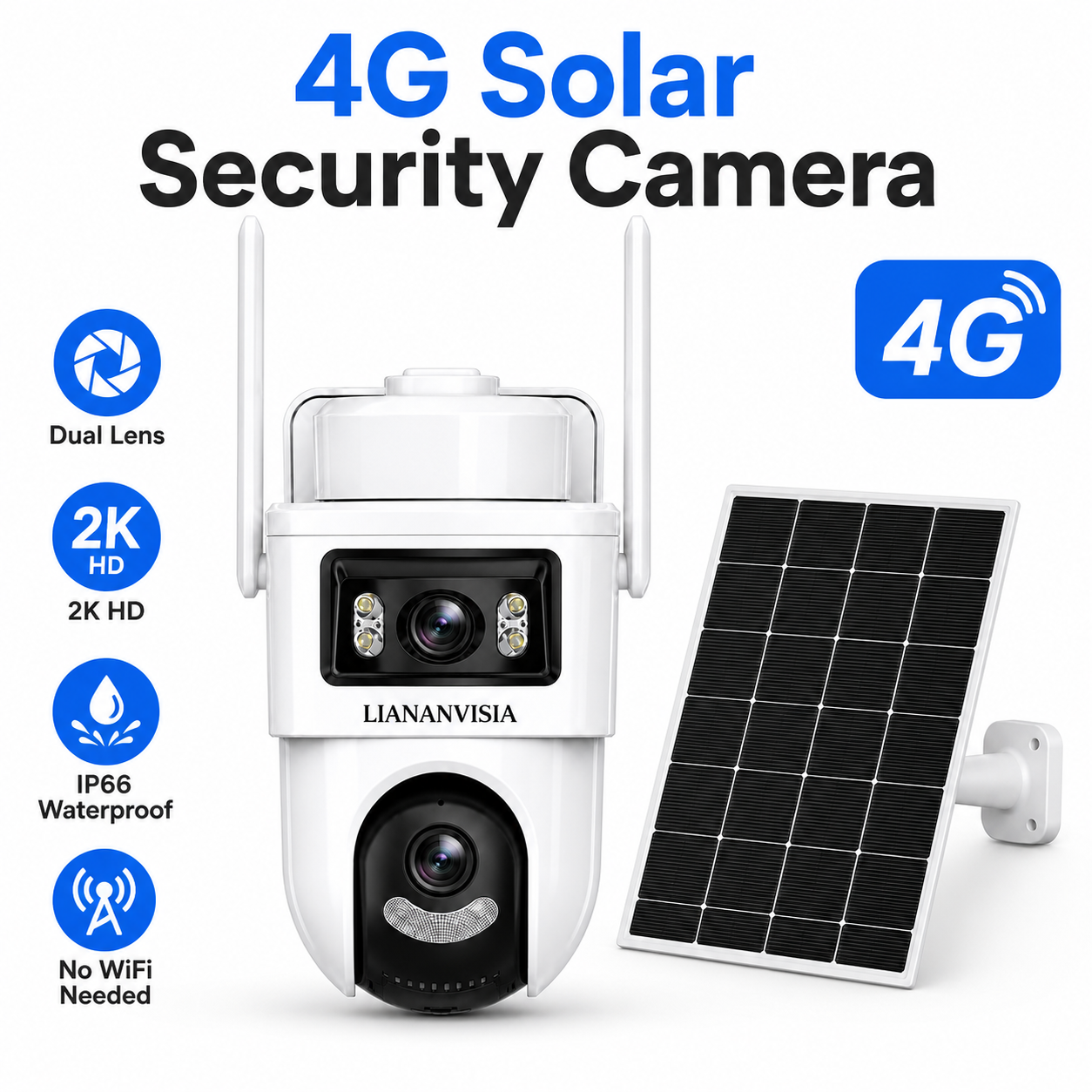 4G Solar Security Camera Outdoor, No WiFi Needed Dual Lens Dual Screen 2K PTZ Camera, Built-in SIM Card, 355° Pan 90° Tilt, PIR Human Detection, Auto Tracking, Color Night Vision, Two-Way Audio, Light & Siren Alarm, IP66 Waterproof, 24/7 Recording