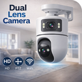 Dual Lens 2K WiFi Intdoor Security Camera, Auto Tracking, Two-Way Audio, Light & Siren Alarm, 24/7 Recording, TF Card & Cloud Storage