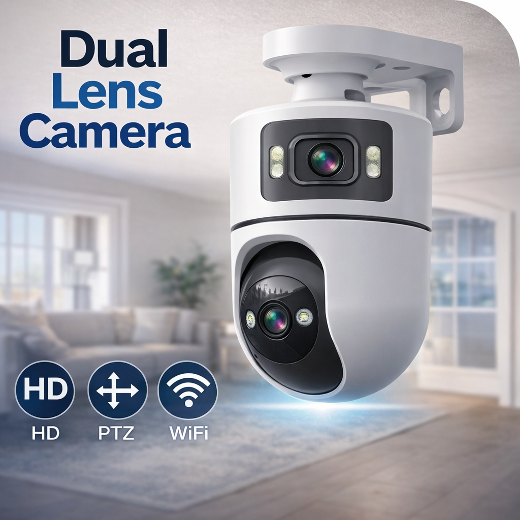 Dual Lens 2K WiFi Intdoor Security Camera, Auto Tracking, Two-Way Audio, Light & Siren Alarm, 24/7 Recording, TF Card & Cloud Storage