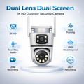 Dual Lens 2K WiFi Outdoor Security Camera, IP65 Weatherproof, Auto Tracking, Two-Way Audio, Light & Siren Alarm, 24/7 Recording, TF Card & Cloud Storage