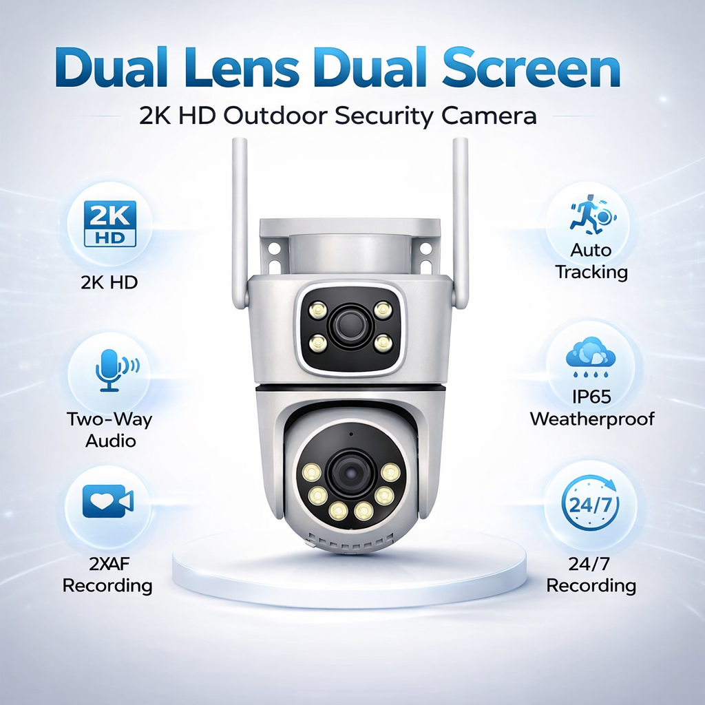 Dual Lens 2K WiFi Outdoor Security Camera, IP65 Weatherproof, Auto Tracking, Two-Way Audio, Light & Siren Alarm, 24/7 Recording, TF Card & Cloud Storage