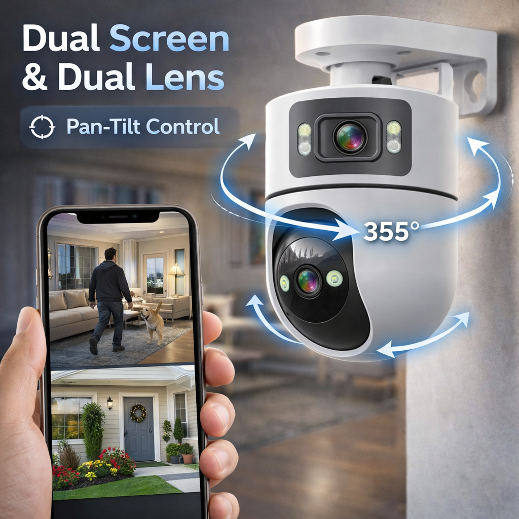 Dual Lens 2K WiFi Intdoor Security Camera, Auto Tracking, Two-Way Audio, Light & Siren Alarm, 24/7 Recording, TF Card & Cloud Storage