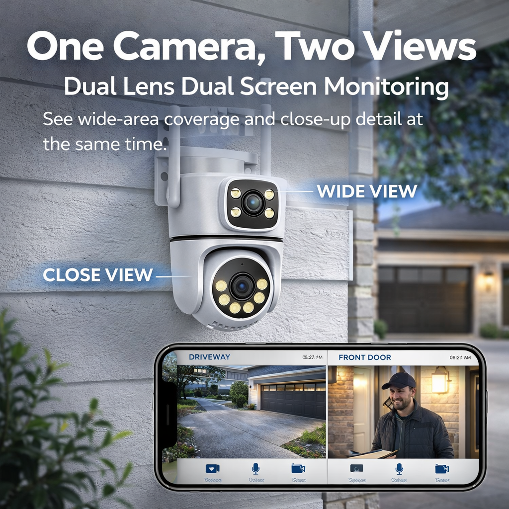 Dual Lens 2K WiFi Outdoor Security Camera, IP65 Weatherproof, Auto Tracking, Two-Way Audio, Light & Siren Alarm, 24/7 Recording, TF Card & Cloud Storage