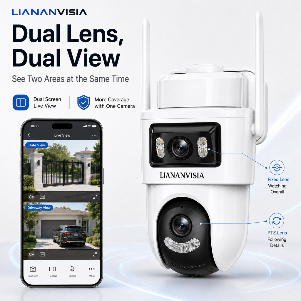 LIANANVISIA A446 4G LTE Solar Security Camera – No WiFi, Built-in SIM, Dual-Lens 2K PTZ, Color Night Vision, AI Tracking, Two-Way Audio, IP66
