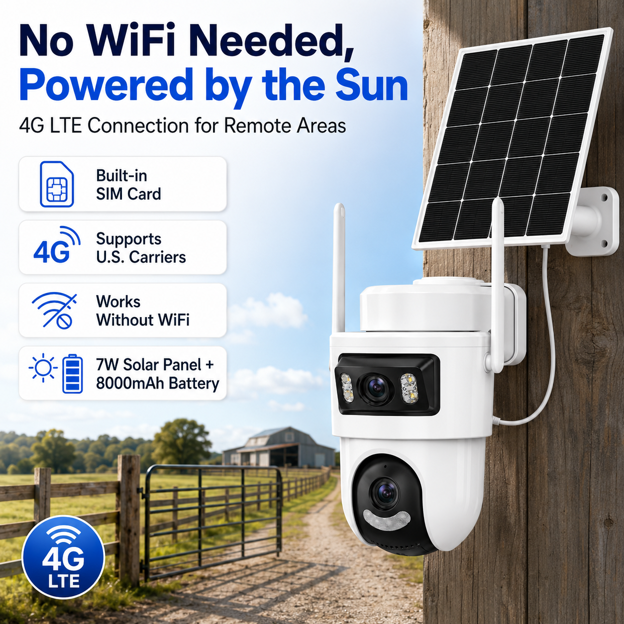 4G Solar Security Camera Outdoor, No WiFi Needed Dual Lens Dual Screen 2K PTZ Camera, Built-in SIM Card, 355° Pan 90° Tilt, PIR Human Detection, Auto Tracking, Color Night Vision, Two-Way Audio, Light & Siren Alarm, IP66 Waterproof, 24/7 Recording