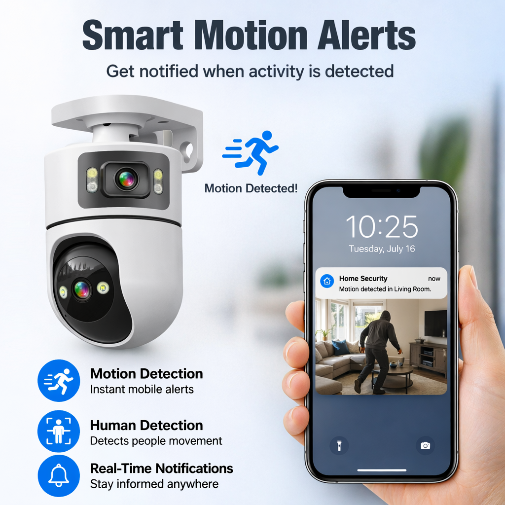 Dual Lens 2K WiFi Intdoor Security Camera, Auto Tracking, Two-Way Audio, Light & Siren Alarm, 24/7 Recording, TF Card & Cloud Storage