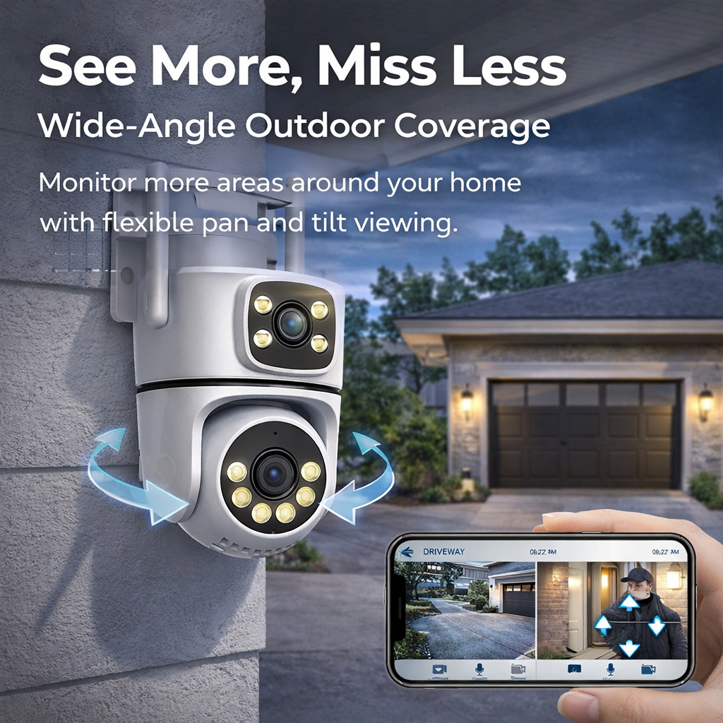 Dual Lens 2K WiFi Outdoor Security Camera, IP65 Weatherproof, Auto Tracking, Two-Way Audio, Light & Siren Alarm, 24/7 Recording, TF Card & Cloud Storage