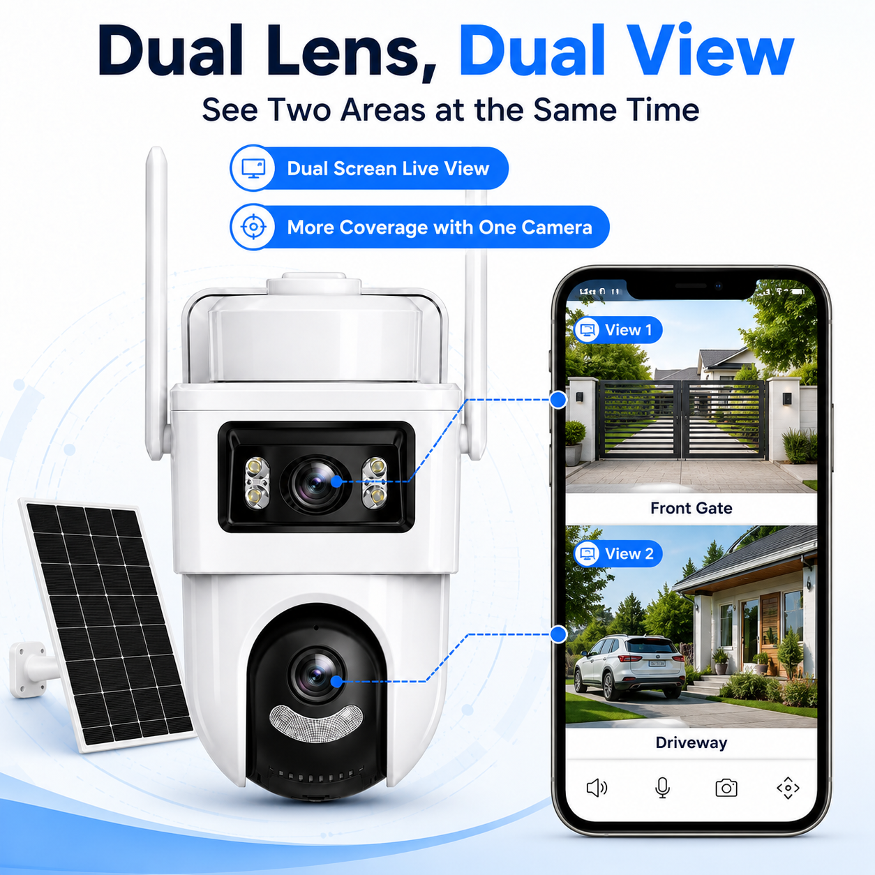 4G Solar Security Camera Outdoor, No WiFi Needed Dual Lens Dual Screen 2K PTZ Camera, Built-in SIM Card, 355° Pan 90° Tilt, PIR Human Detection, Auto Tracking, Color Night Vision, Two-Way Audio, Light & Siren Alarm, IP66 Waterproof, 24/7 Recording