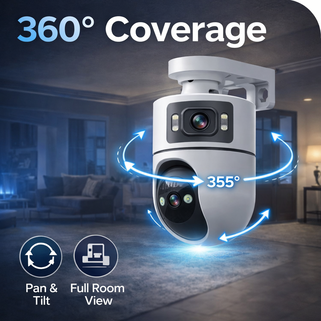 Dual Lens 2K WiFi Intdoor Security Camera, Auto Tracking, Two-Way Audio, Light & Siren Alarm, 24/7 Recording, TF Card & Cloud Storage