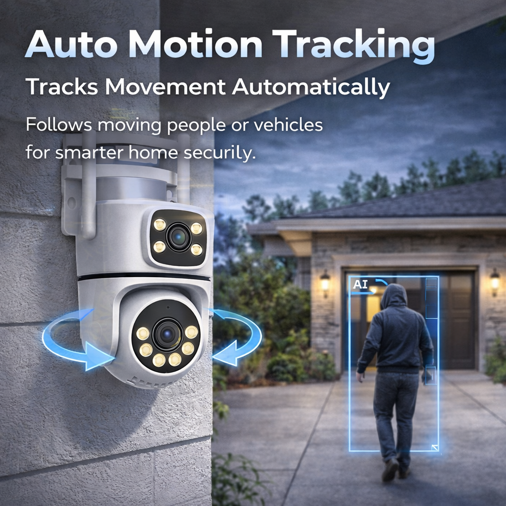 Dual Lens 2K WiFi Outdoor Security Camera, IP65 Weatherproof, Auto Tracking, Two-Way Audio, Light & Siren Alarm, 24/7 Recording, TF Card & Cloud Storage