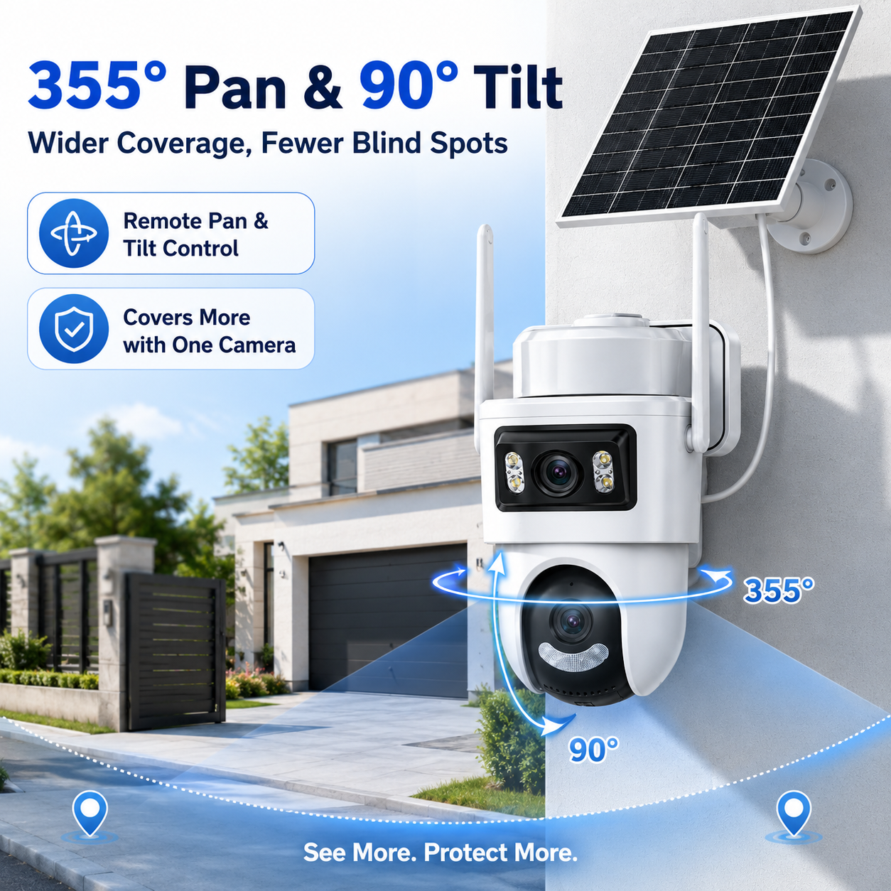 4G Solar Security Camera Outdoor, No WiFi Needed Dual Lens Dual Screen 2K PTZ Camera, Built-in SIM Card, 355° Pan 90° Tilt, PIR Human Detection, Auto Tracking, Color Night Vision, Two-Way Audio, Light & Siren Alarm, IP66 Waterproof, 24/7 Recording