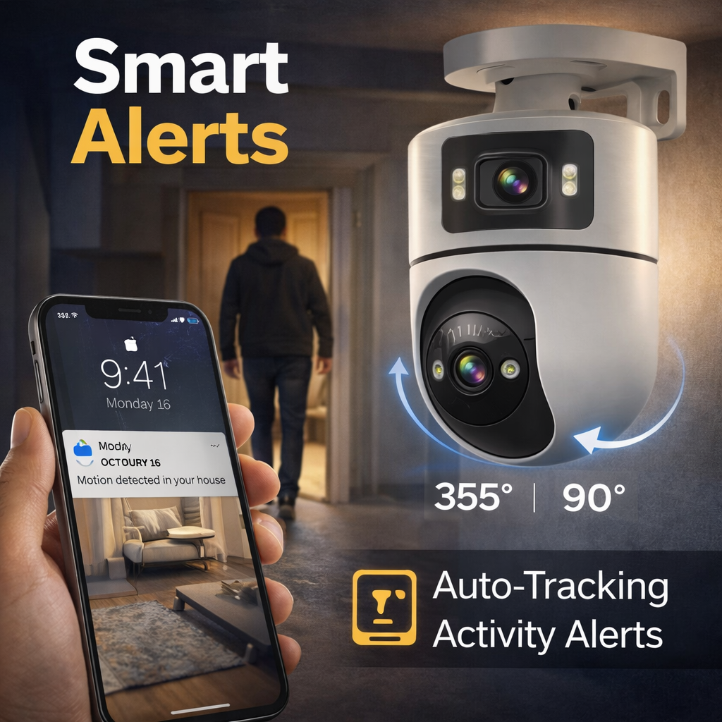 Dual Lens 2K WiFi Intdoor Security Camera, Auto Tracking, Two-Way Audio, Light & Siren Alarm, 24/7 Recording, TF Card & Cloud Storage