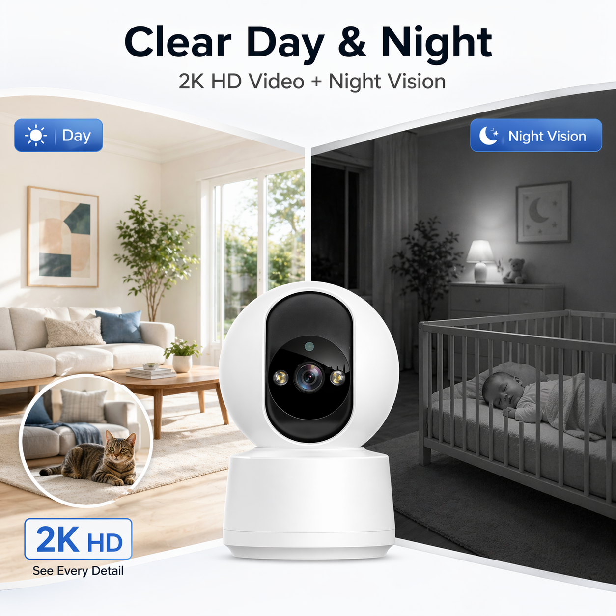 2K WiFi Pan Tilt Home Security Camera, Smart Motion Tracking, Two-Way Audio, Full Color Night Vision, Wireless Indoor House Monitoring Camera for Baby & Pet