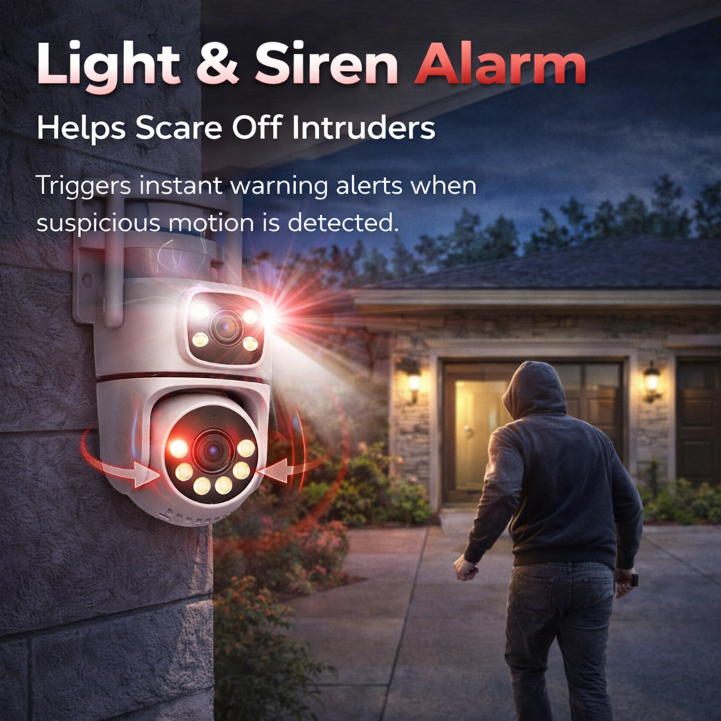 Dual Lens 2K WiFi Outdoor Security Camera, IP65 Weatherproof, Auto Tracking, Two-Way Audio, Light & Siren Alarm, 24/7 Recording, TF Card & Cloud Storage