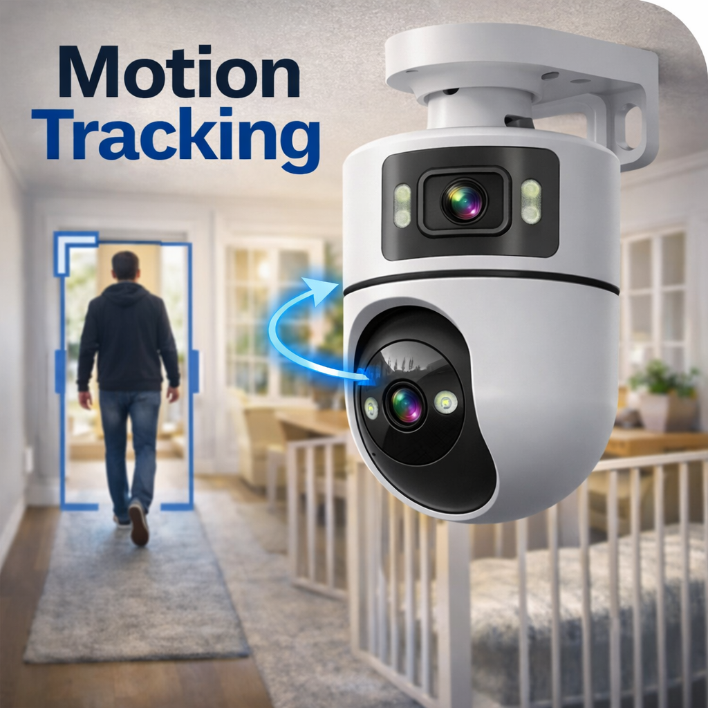 Dual Lens 2K WiFi Intdoor Security Camera, Auto Tracking, Two-Way Audio, Light & Siren Alarm, 24/7 Recording, TF Card & Cloud Storage