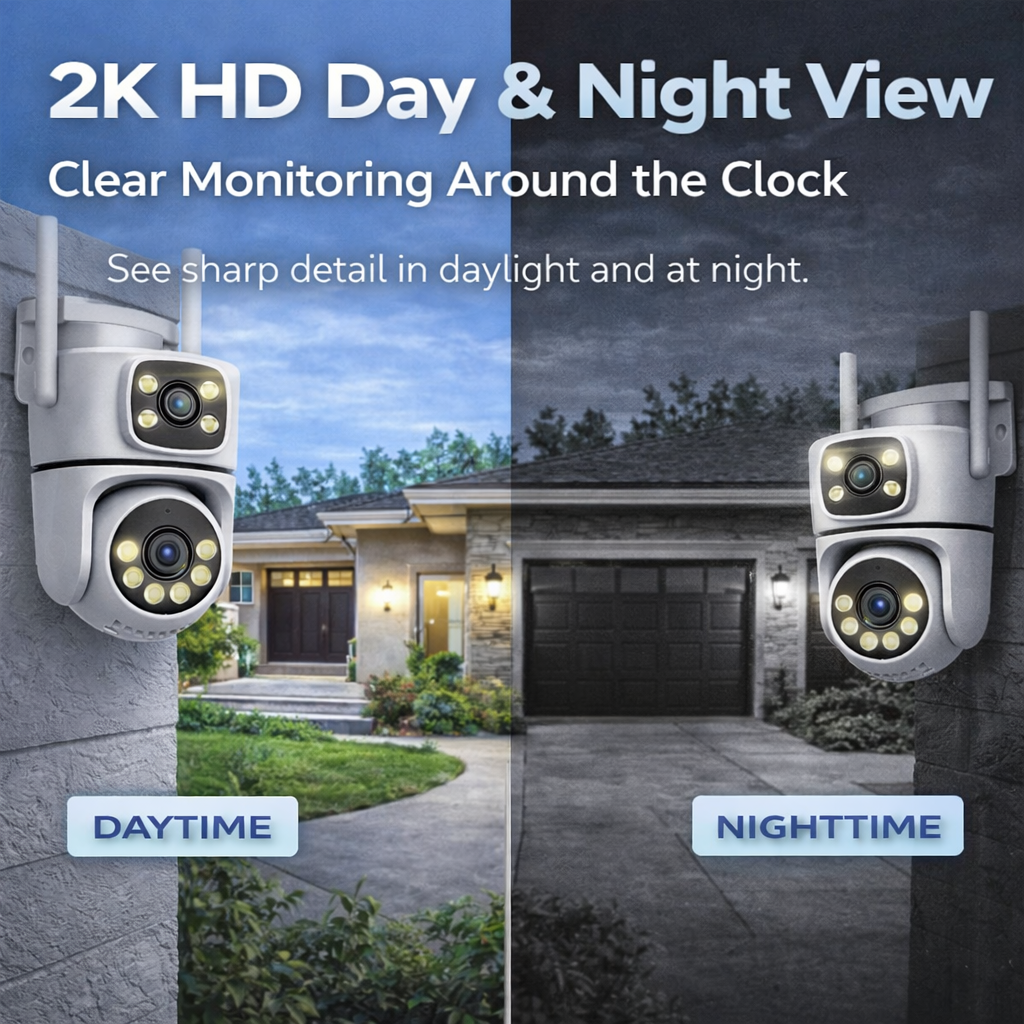 Dual Lens 2K WiFi Outdoor Security Camera, IP65 Weatherproof, Auto Tracking, Two-Way Audio, Light & Siren Alarm, 24/7 Recording, TF Card & Cloud Storage