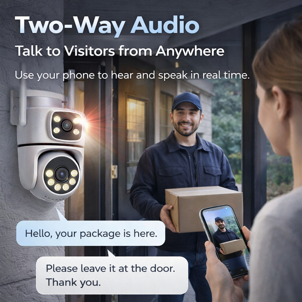 Dual Lens 2K WiFi Outdoor Security Camera, IP65 Weatherproof, Auto Tracking, Two-Way Audio, Light & Siren Alarm, 24/7 Recording, TF Card & Cloud Storage