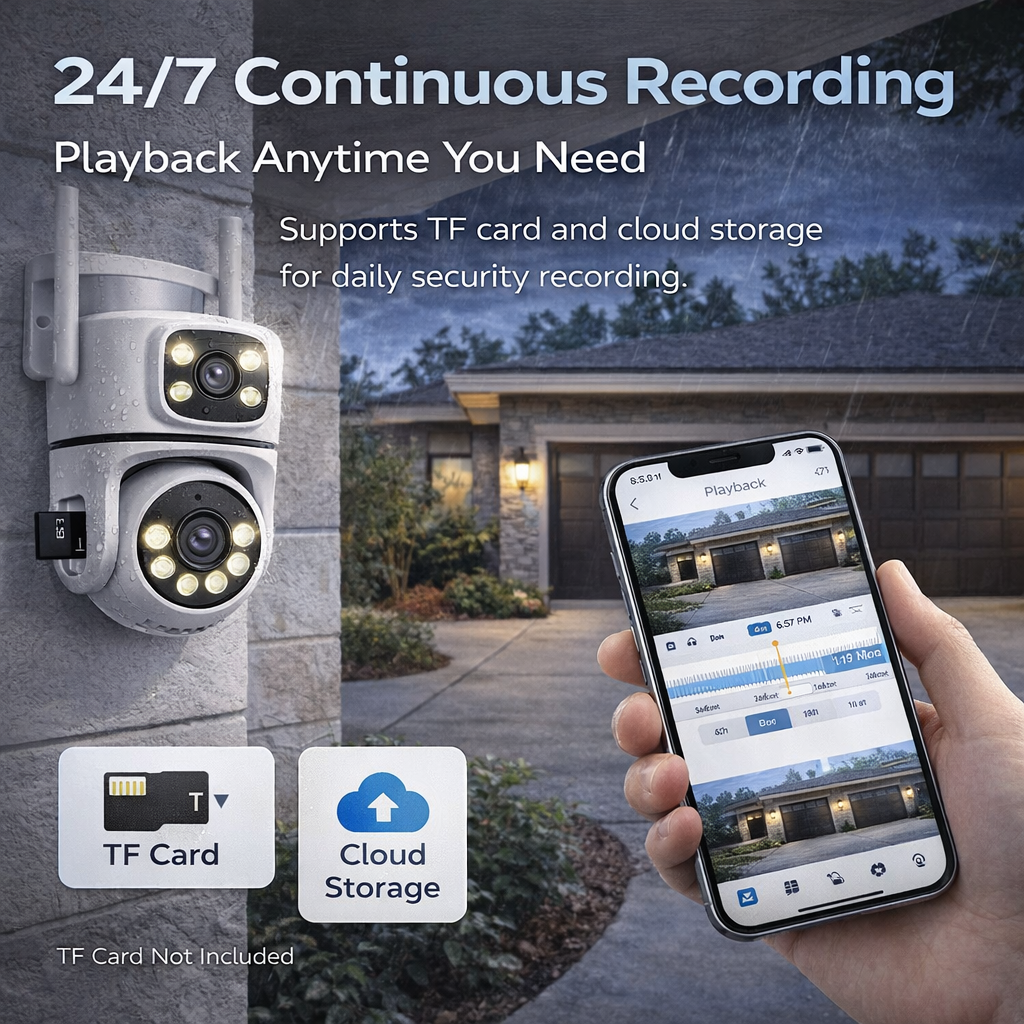 Dual Lens 2K WiFi Outdoor Security Camera, IP65 Weatherproof, Auto Tracking, Two-Way Audio, Light & Siren Alarm, 24/7 Recording, TF Card & Cloud Storage