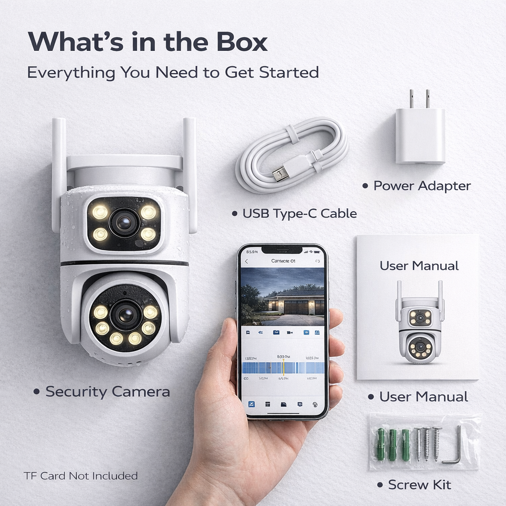 Dual Lens 2K WiFi Outdoor Security Camera, IP65 Weatherproof, Auto Tracking, Two-Way Audio, Light & Siren Alarm, 24/7 Recording, TF Card & Cloud Storage